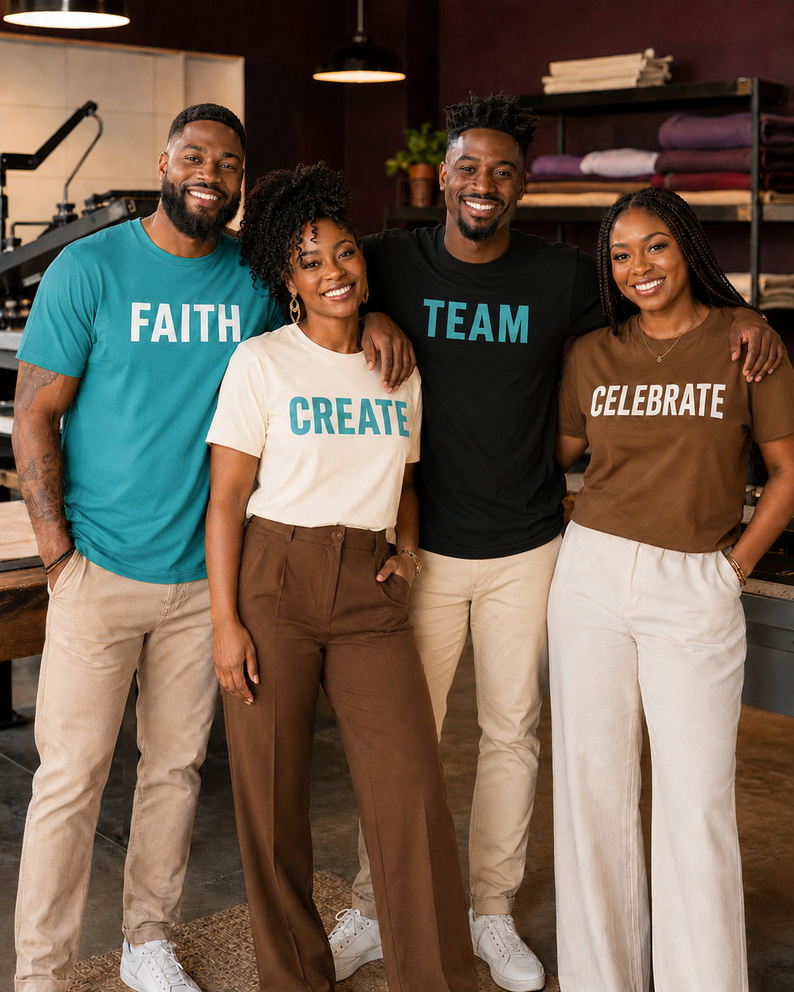 A close-knit family wearing custom turquoise, cream, black and warm brown Fodo Printing shirts